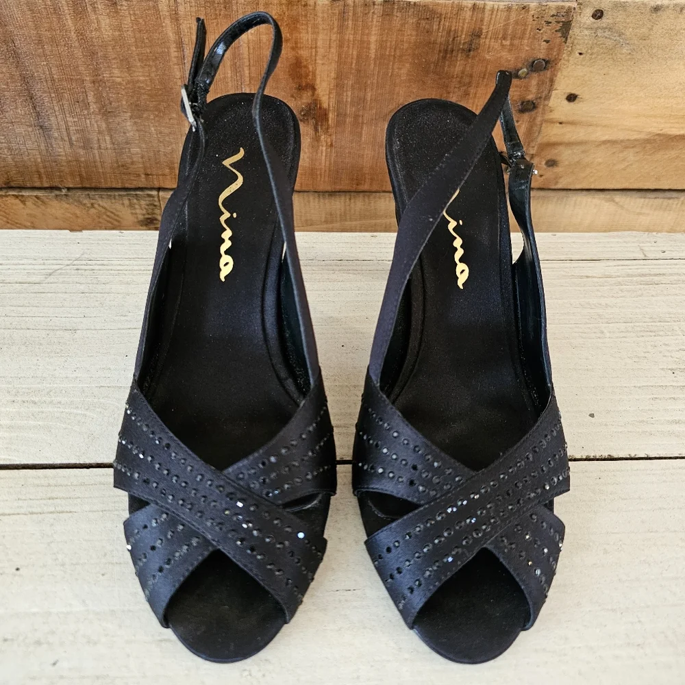 Nina "Camille" black satin & crystal peep toe slingback heels Size 6-1/2M - Picture 2 of 10